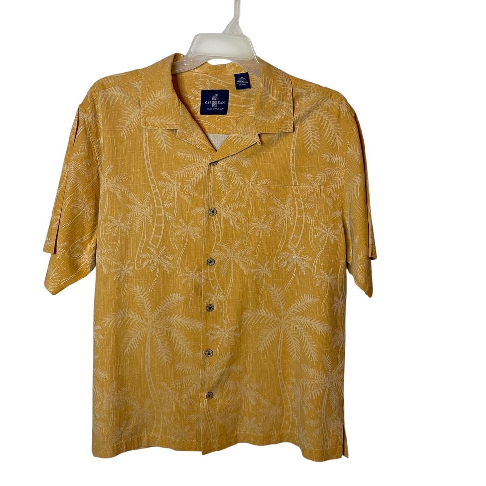 Caribbean Joe Mens XL Orange Palm Tree Silk Hawaiian Shirt Aloha Vacation